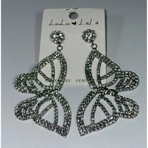 Lulu Lala Green Rhinestone Butterfly Dangle Drop Earrings Nickel Lead Free NEW